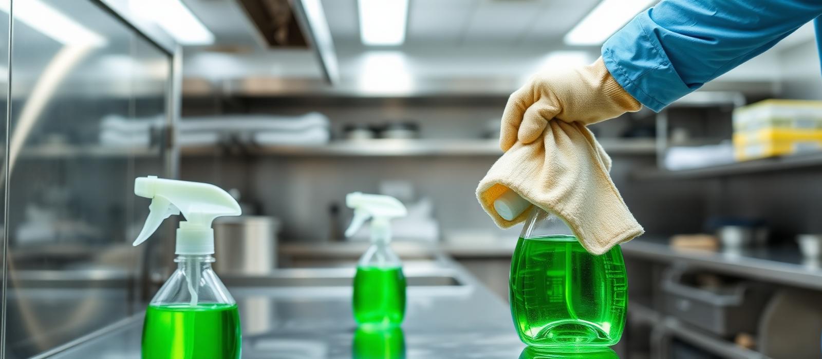 Gloved hand wiping a commercial kitchen counter with eco-friendly green cleaning solution