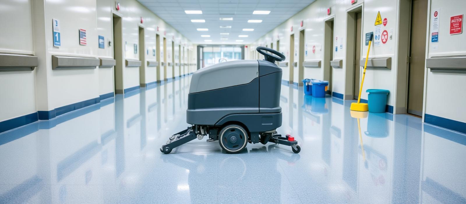 Auto-scrubber floor machine polishing a gleaming hospital hallway floor